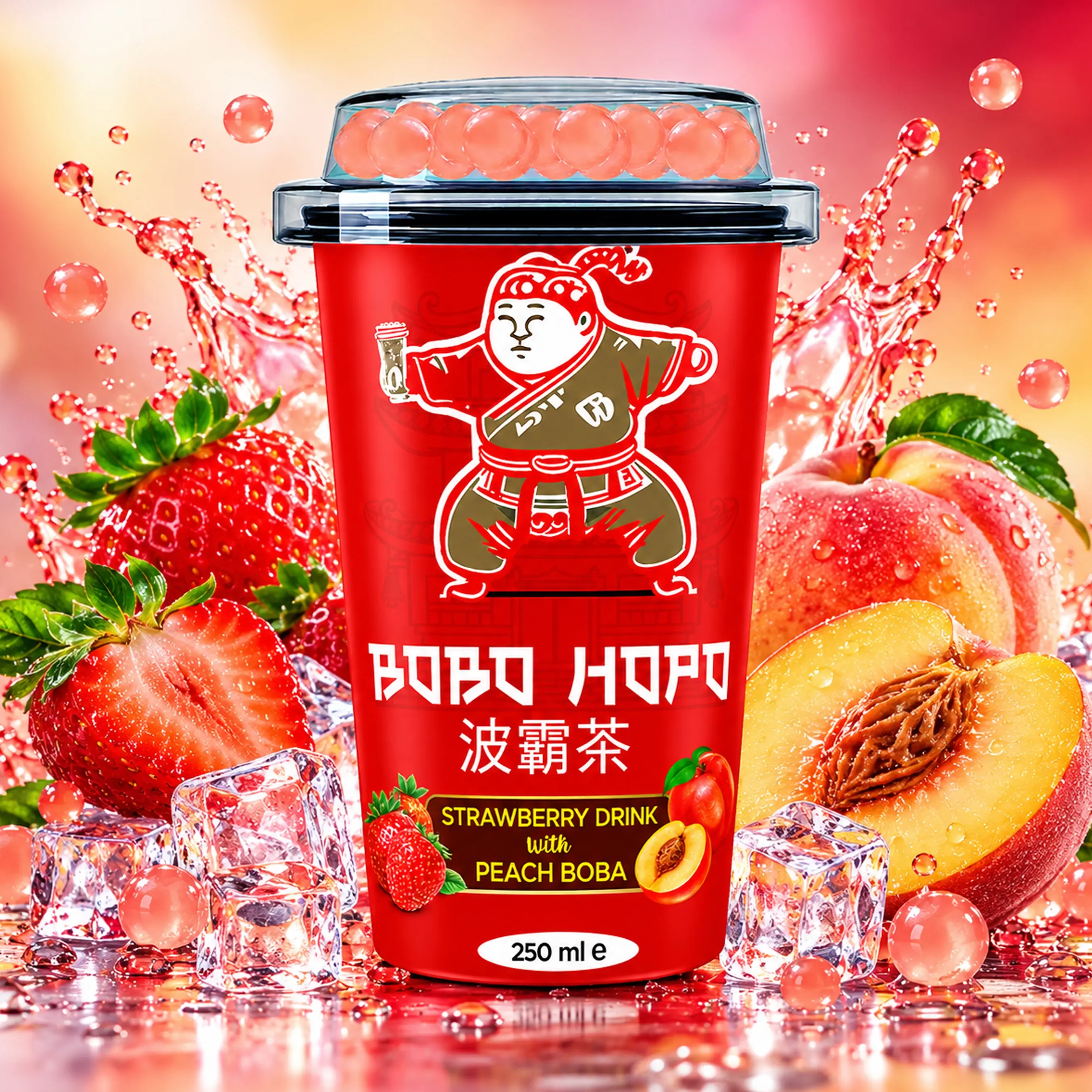 Bobo Hopo Strawberry Drink with Peach Boba 250 ml cup with strawberries, peach, and peach boba pearls.